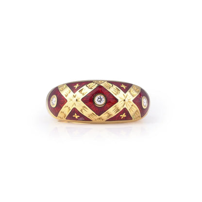 Faberge Limited Edition Diamond And Red Enamel Gold Ring With Box & Papers