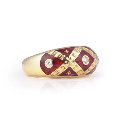 Faberge Limited Edition Diamond And Red Enamel Gold Ring With Box & Papers