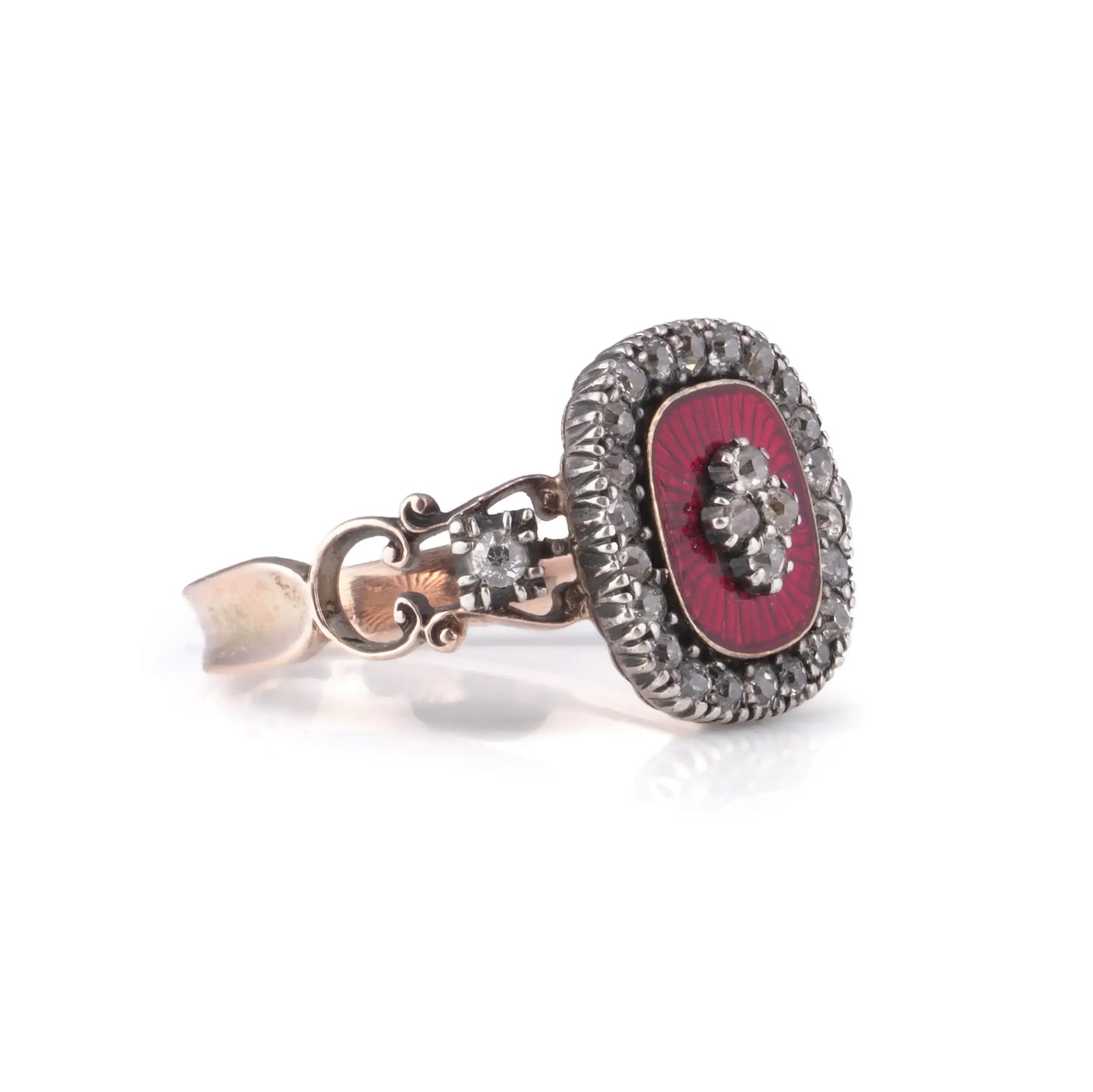 Victorian Rose Cut Diamond And Red Enamel Ring 9 Carat Gold Circa 1890