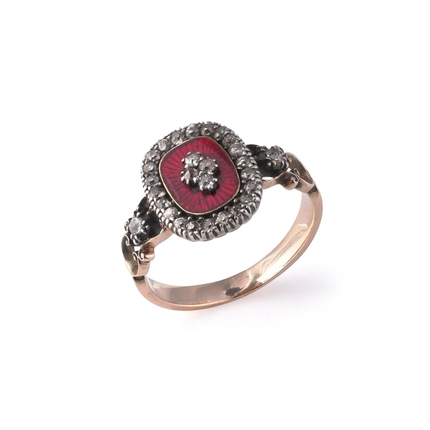Victorian Rose Cut Diamond And Red Enamel Ring 9 Carat Gold Circa 1890