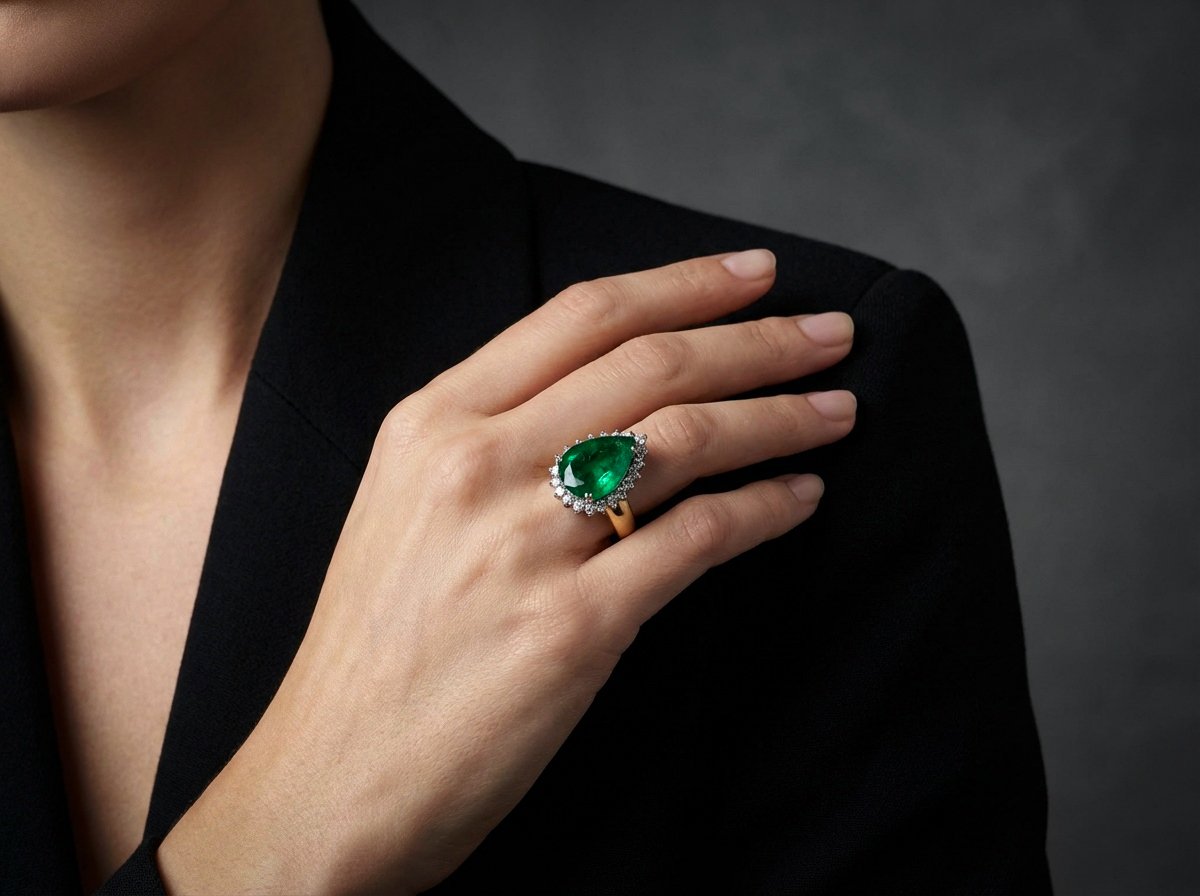 Vintage 18 Carat Gold Cluster Ring With 6 ct Natural Emerald And Diamonds
