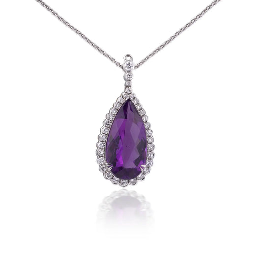 Vintage 18 Carat White Gold Amethyst And Diamond Pendant Necklace