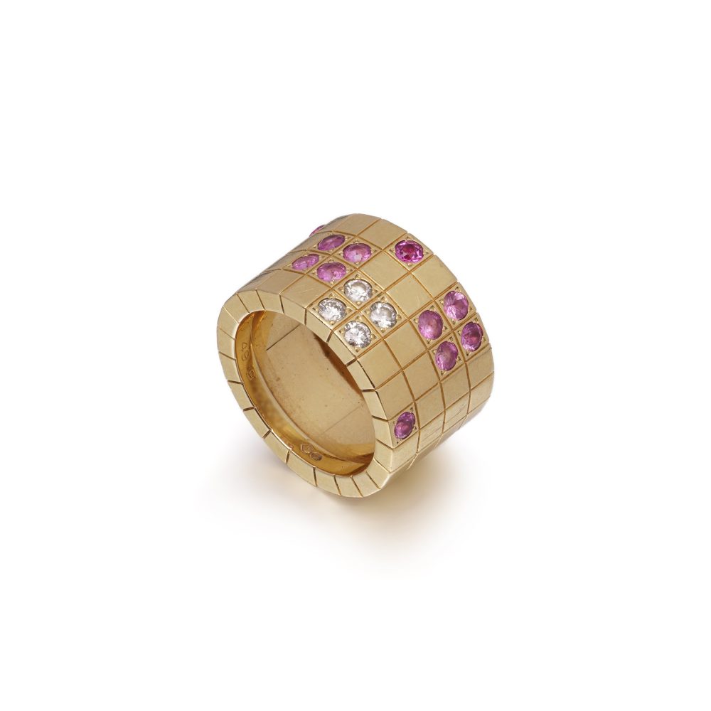 Vintage Cartier Lanieres 18 Carat Yellow Gold Diamond And Pink Sapphire Ring