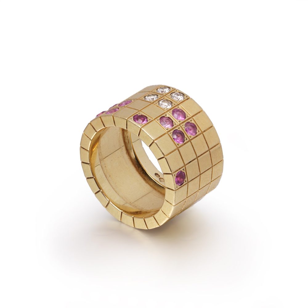 Vintage Cartier Lanieres 18 Carat Yellow Gold Diamond And Pink Sapphire Ring