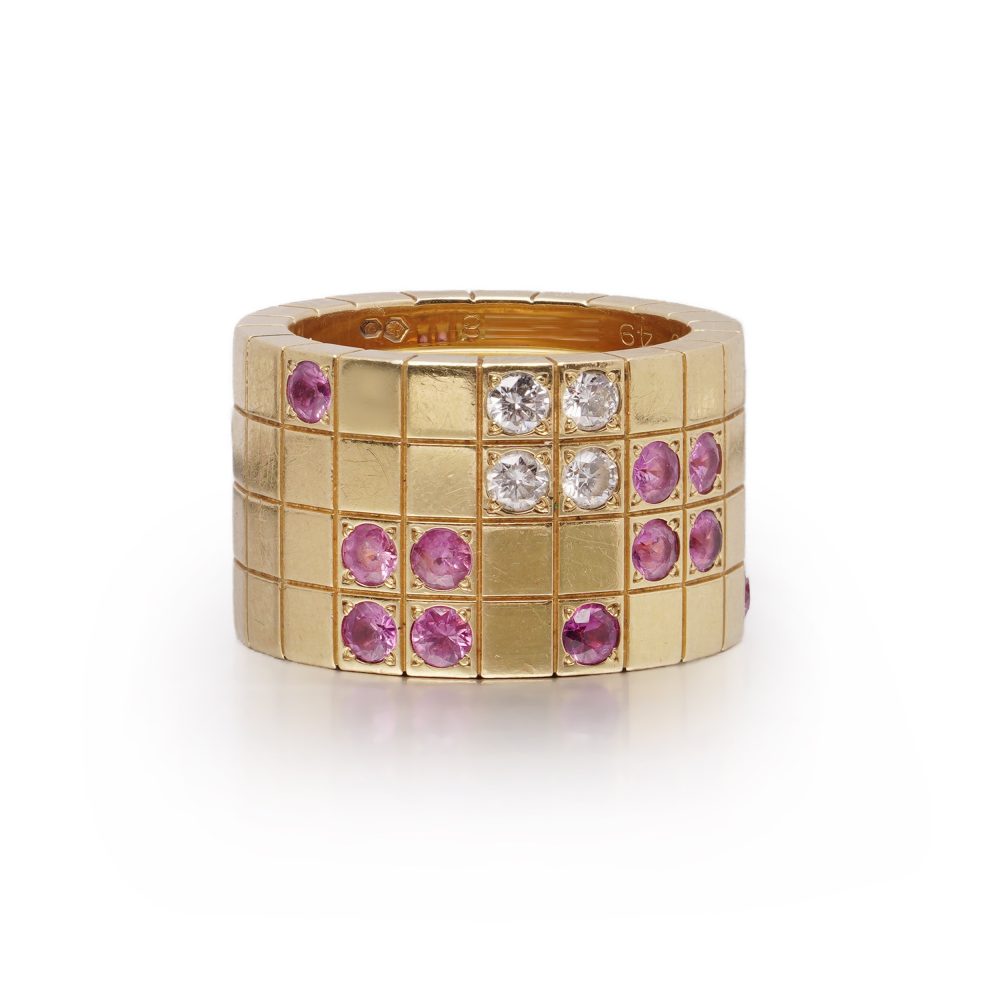Vintage Cartier Lanieres 18 Carat Yellow Gold Diamond And Pink Sapphire Ring