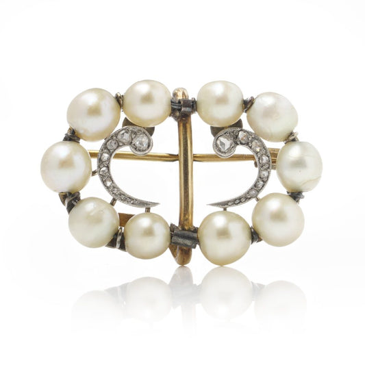 Edwardian Platinum And 18 Carat Yellow Gold Brooch With Natural Pearls And Diamonds