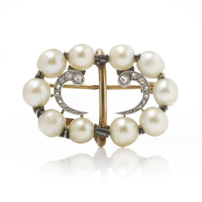 Edwardian Platinum And 18 Carat Yellow Gold Brooch With Natural Pearls And Diamonds
