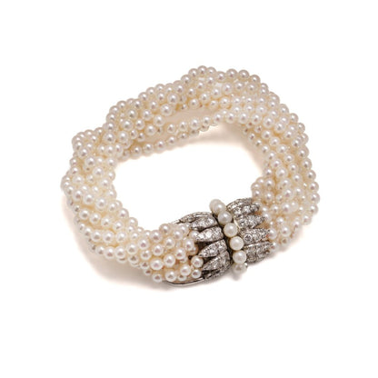 Van Cleef & Arpels Multi -Strand Pearl And Diamond Bracelet in Platinum