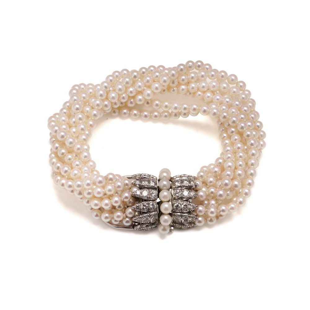 Van Cleef & Arpels Multi -Strand Pearl And Diamond Bracelet in Platinum