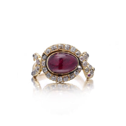 Antique 18 Carat Yellow Gold Snake Ring With Old Cut Diamonds And 3.5 Carat Ruby
