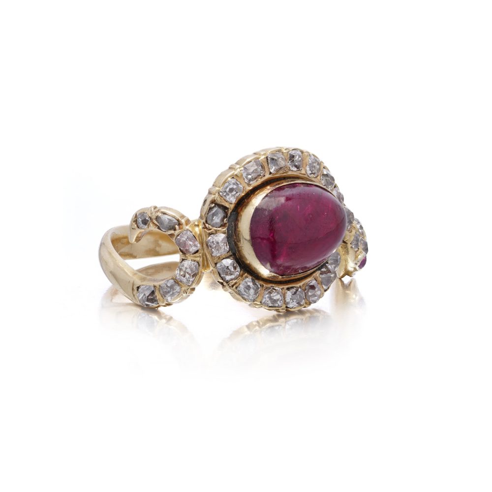 Antique 18 Carat Yellow Gold Snake Ring With Old Cut Diamonds And 3.5 Carat Ruby