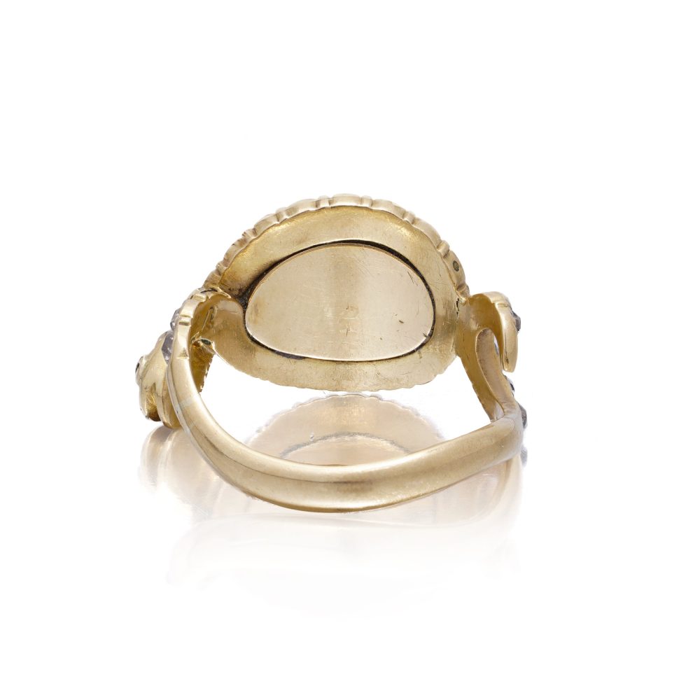 Antique 18 Carat Yellow Gold Snake Ring With Old Cut Diamonds And 3.5 Carat Ruby