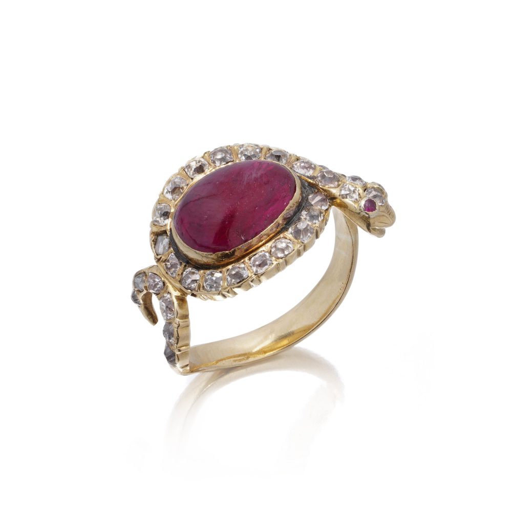 Antique 18 Carat Yellow Gold Snake Ring With Old Cut Diamonds And 3.5 Carat Ruby