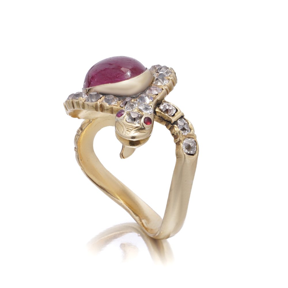 Antique 18 Carat Yellow Gold Snake Ring With Old Cut Diamonds And 3.5 Carat Ruby