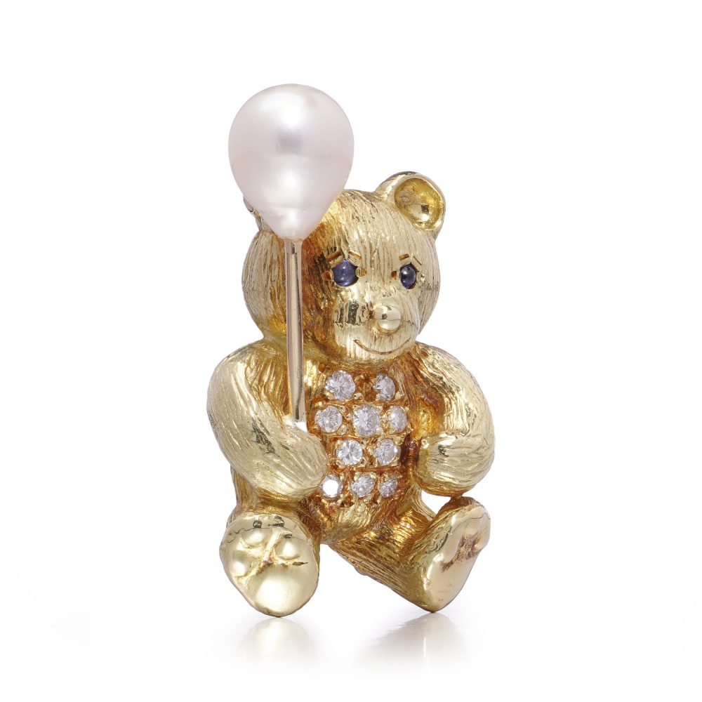 18 Carat Yellow Gold Bear Brooch With Pearl Balloon, Diamonds And Sapphires