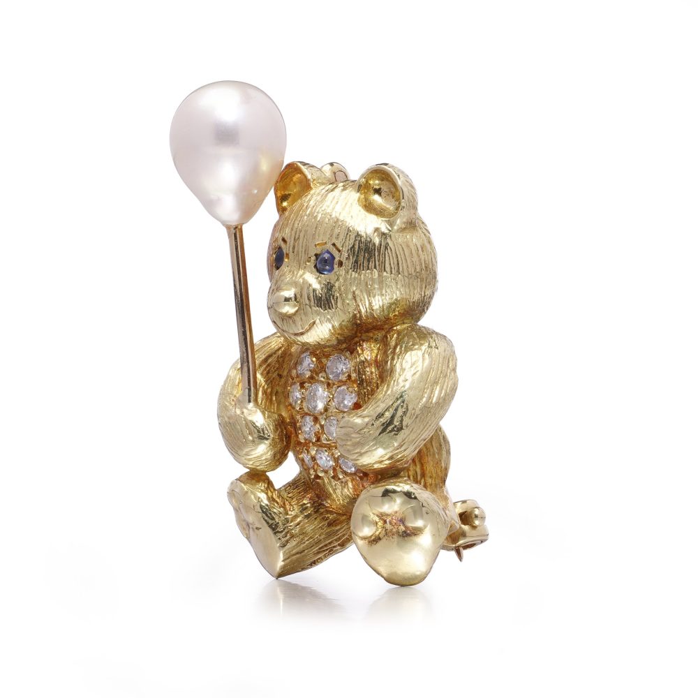 18 Carat Yellow Gold Bear Brooch With Pearl Balloon, Diamonds And Sapphires
