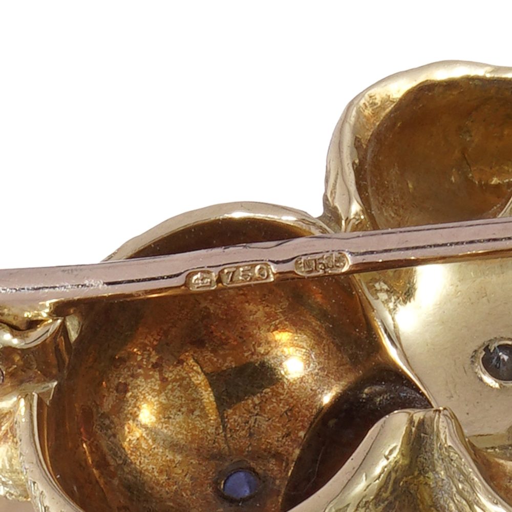 18 Carat Yellow Gold Bear Brooch With Pearl Balloon, Diamonds And Sapphires