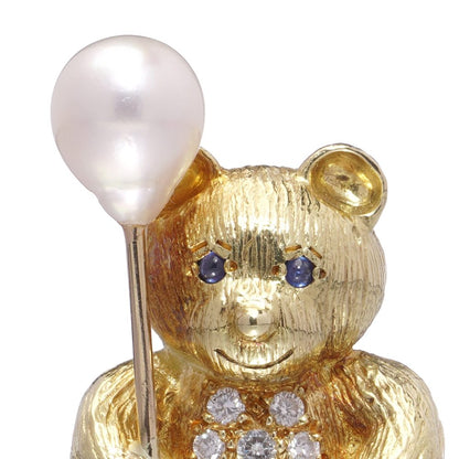 18 Carat Yellow Gold Bear Brooch With Pearl Balloon, Diamonds And Sapphires