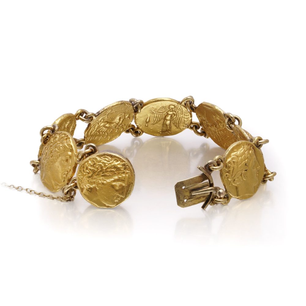 Ancient-Style Coin Link Bracelet In 24 Carat Yellow Gold