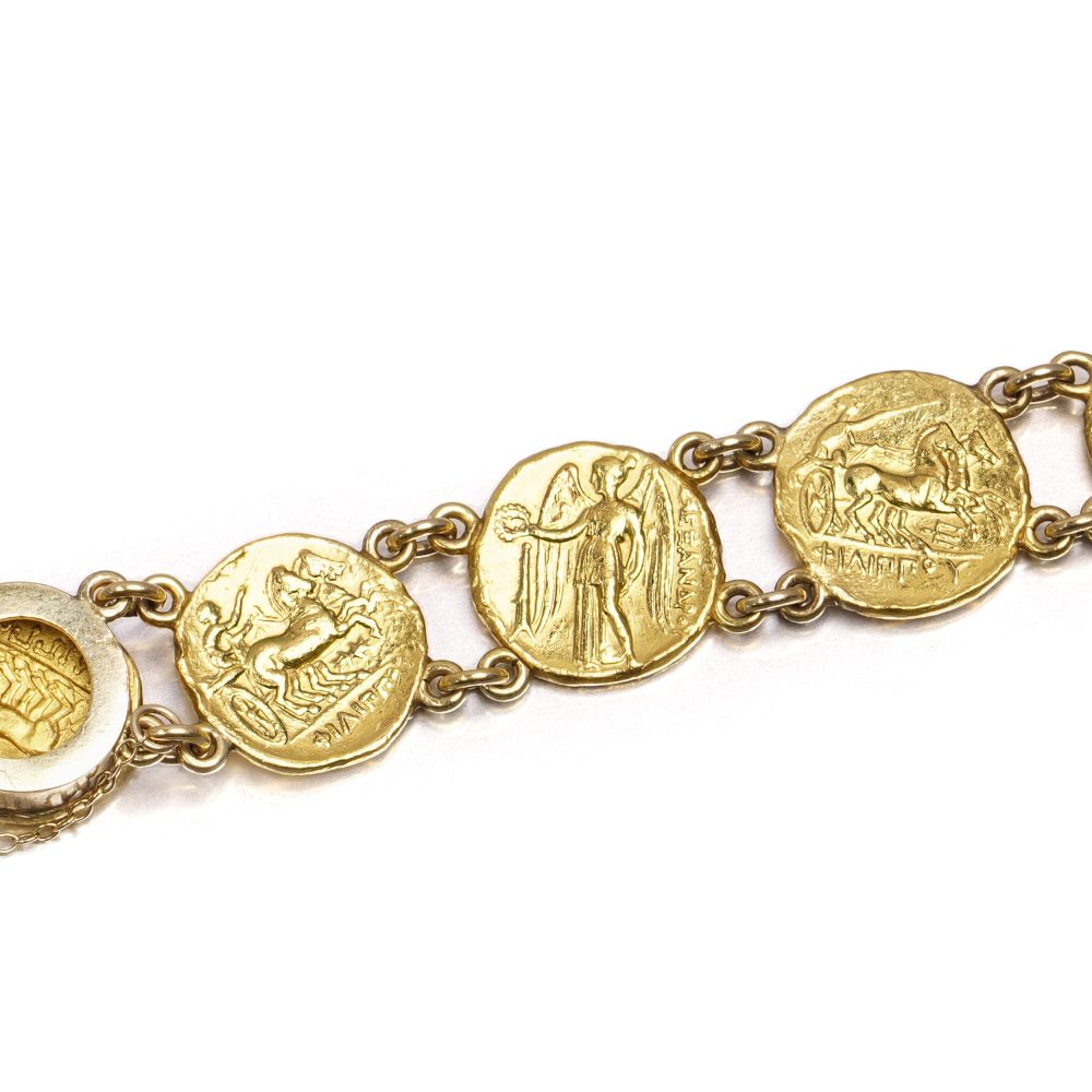 Ancient-Style Coin Link Bracelet In 24 Carat Yellow Gold
