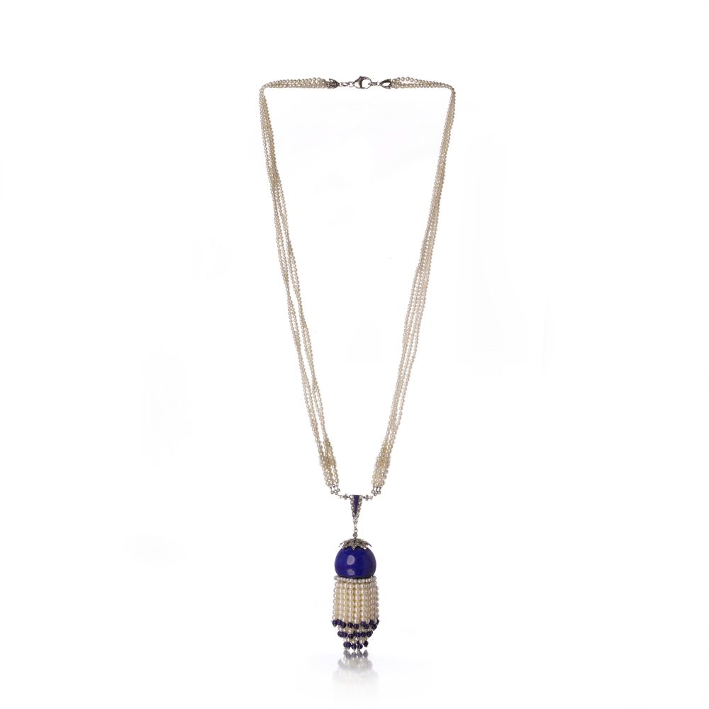 Art Deco Style Tassel Necklace With Lapis Lazuli, Diamonds And Cultured Pearls