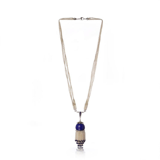 Art Deco Style Tassel Necklace With Lapis Lazuli, Diamonds And Cultured Pearls
