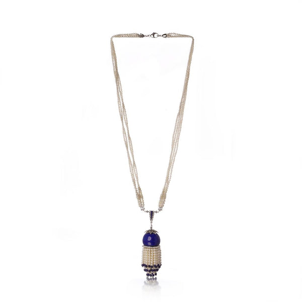 Art Deco Style Tassel Necklace With Lapis Lazuli, Diamonds And Cultured Pearls
