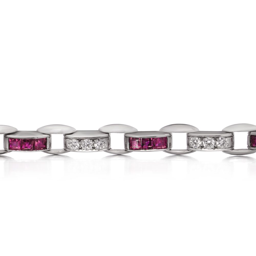 Cartier Vintage Diamond And Ruby Bracelet In Platinum