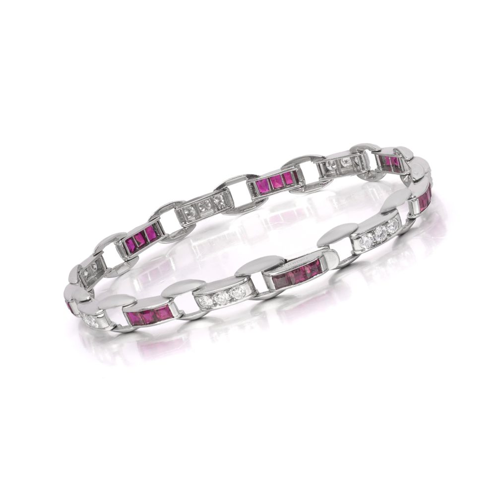 Cartier Vintage Diamond And Ruby Bracelet In Platinum
