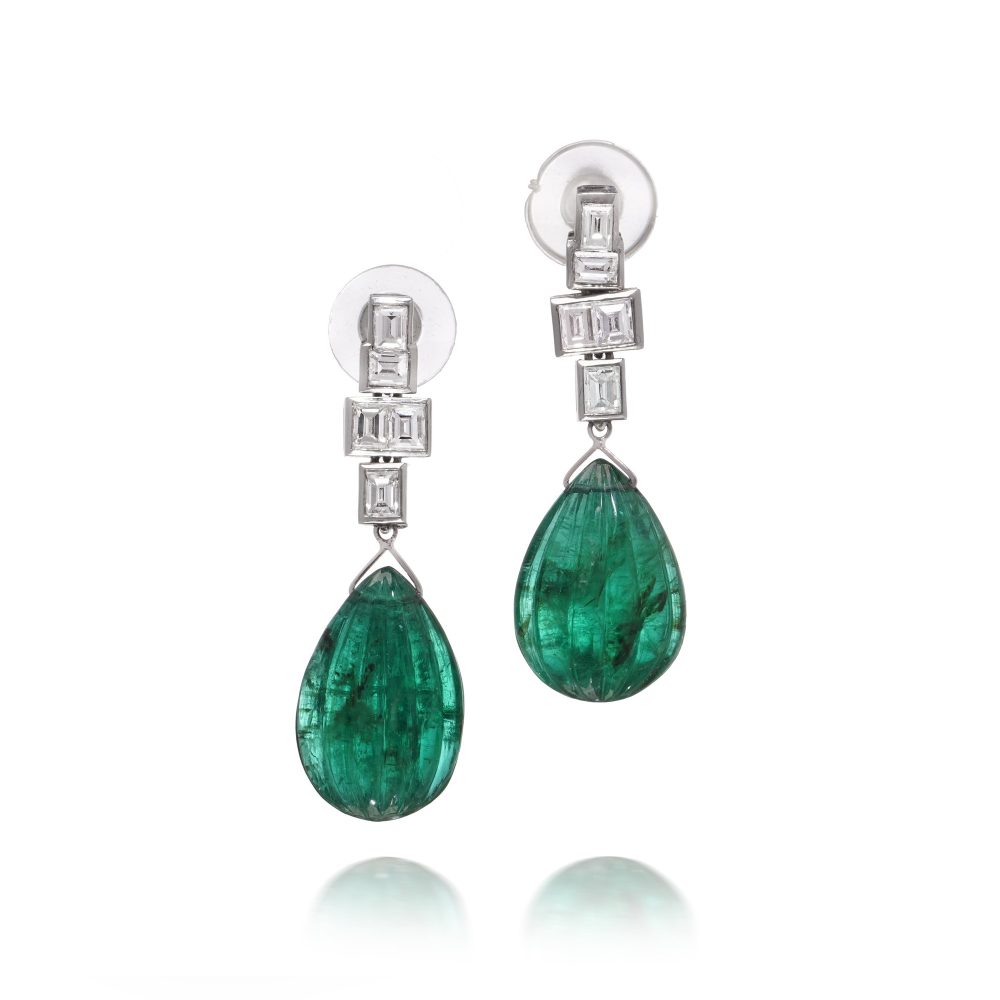 Platinum Drop Earrings With 18.25 Carats Carved Emeralds And Diamonds