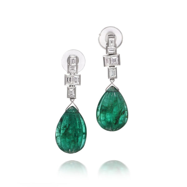 Platinum Drop Earrings With 18.25 Carats Carved Emeralds And Diamonds