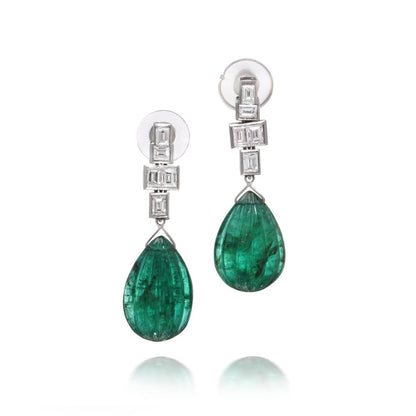 Platinum Drop Earrings With 18.25 Carats Carved Emeralds And Diamonds