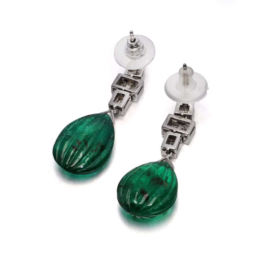 Platinum Drop Earrings With 18.25 Carats Carved Emeralds And Diamonds