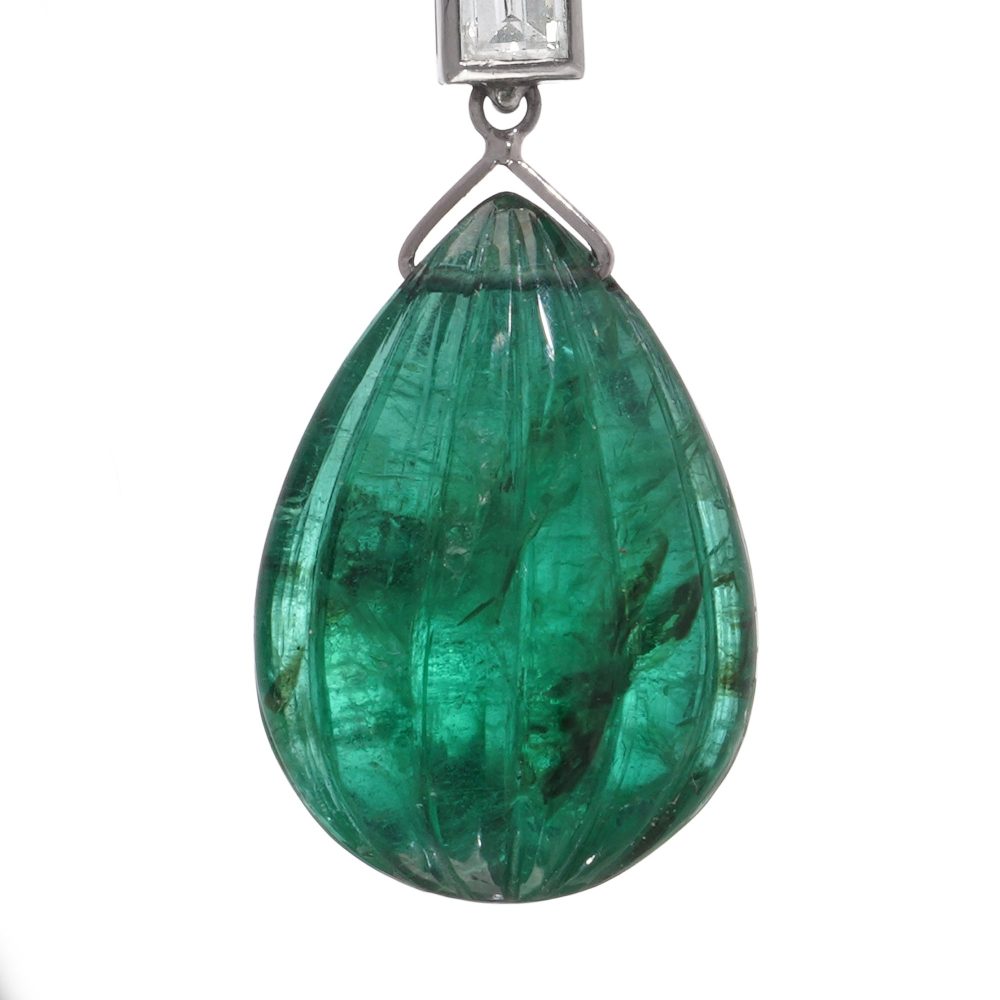 Platinum Drop Earrings With 18.25 Carats Carved Emeralds And Diamonds