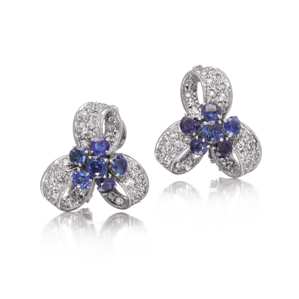 Vintage 2ct Sapphire and 1.90ct Diamond Ribbon Cluster Earrings