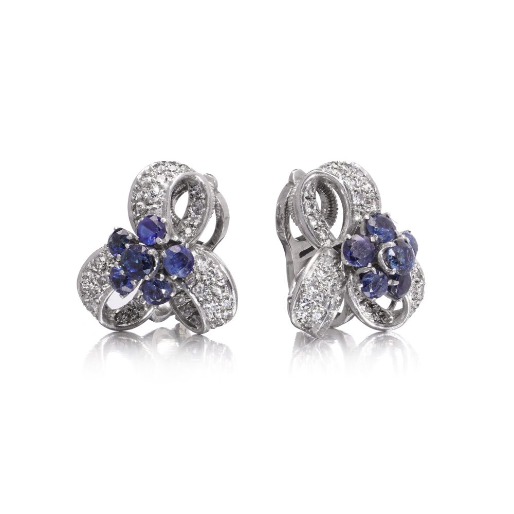 Vintage 2ct Sapphire and 1.90ct Diamond Ribbon Cluster Earrings