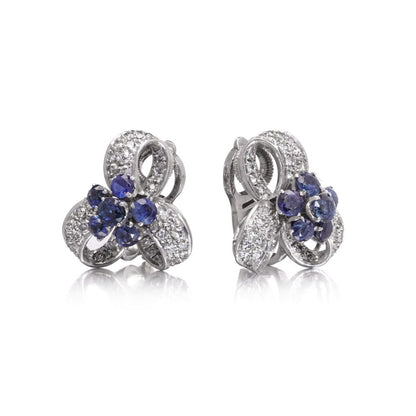 Vintage 2ct Sapphire and 1.90ct Diamond Ribbon Cluster Earrings