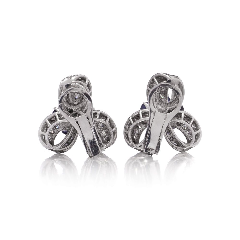 Vintage 2ct Sapphire and 1.90ct Diamond Ribbon Cluster Earrings