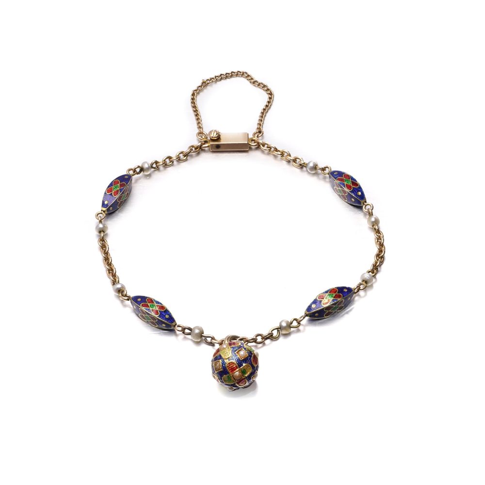 Antique 15 Carat Yellow Gold Enamel And Pearl Bracelet With Orb Pendant