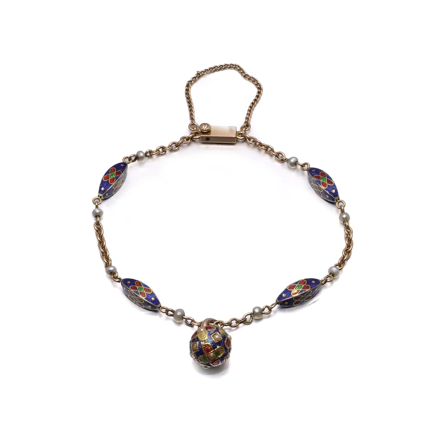 Victorian Antique Enamel and Pearl Bracelet with Orb Pendant in 15ct Gold