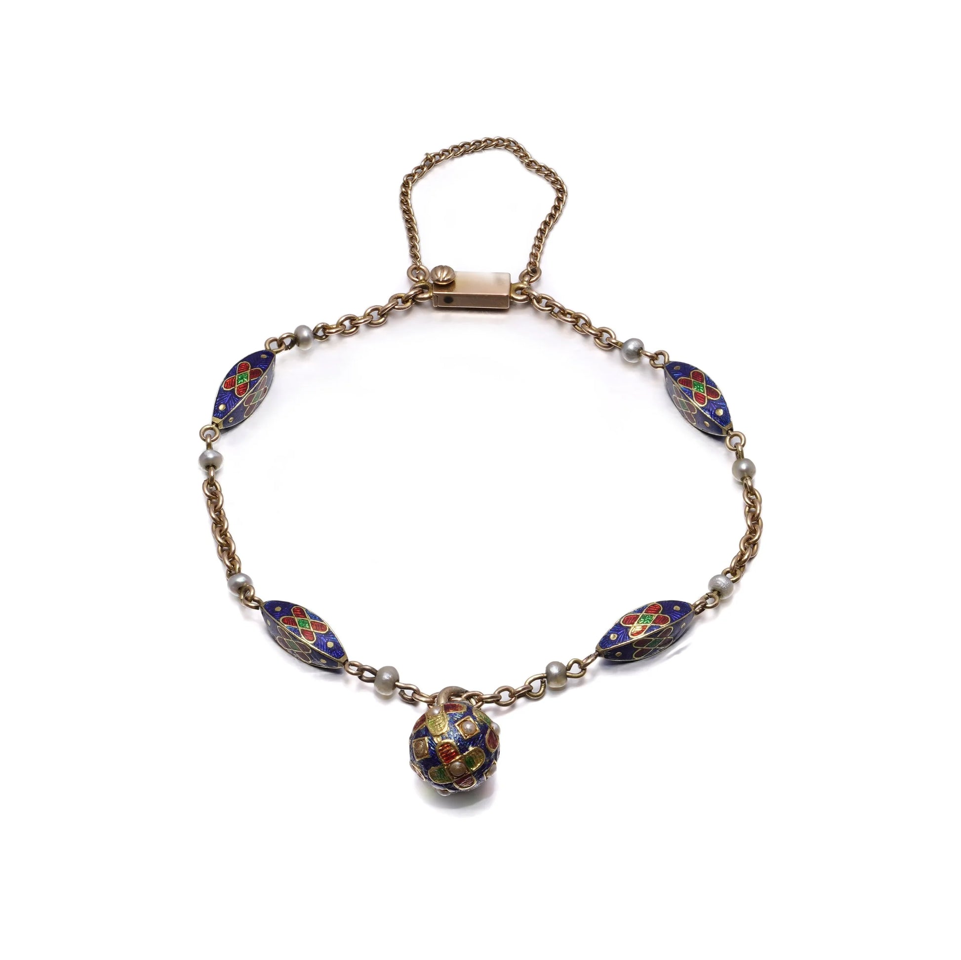 Victorian Antique Enamel and Pearl Bracelet with Orb Pendant in 15ct Gold