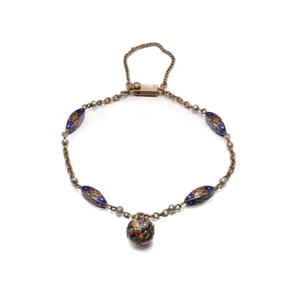 Victorian Antique Enamel and Pearl Bracelet with Orb Pendant in 15ct Gold