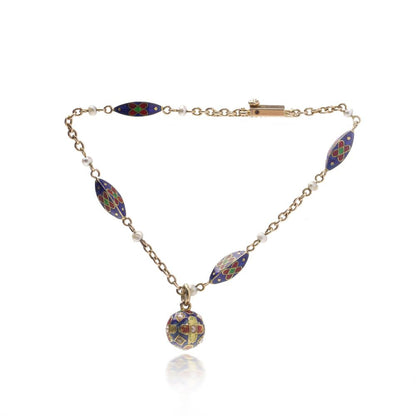 Antique 15 Carat Yellow Gold Enamel And Pearl Bracelet With Orb Pendant