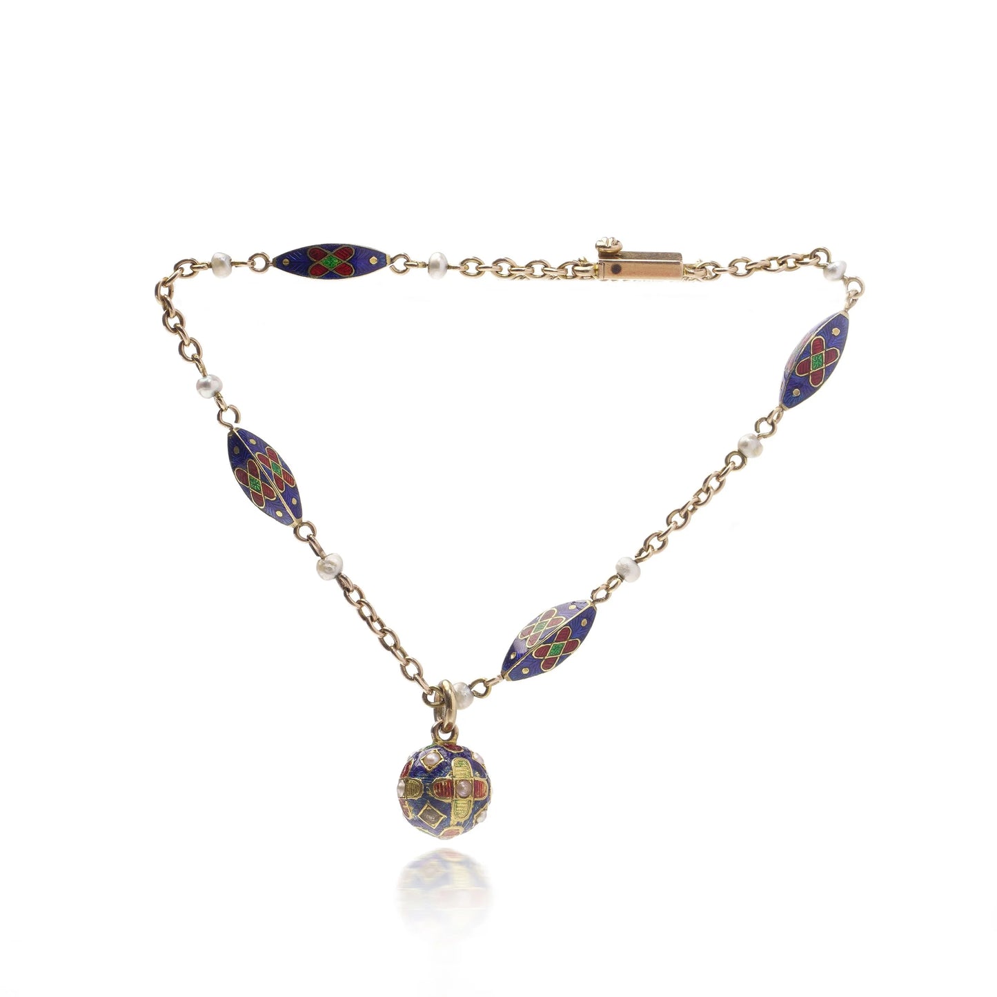 Victorian Antique Enamel and Pearl Bracelet with Orb Pendant in 15ct Gold