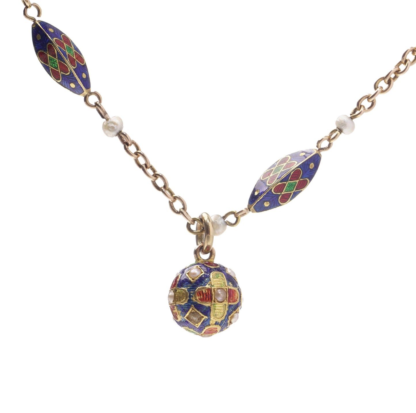 Victorian Antique Enamel and Pearl Bracelet with Orb Pendant in 15ct Gold