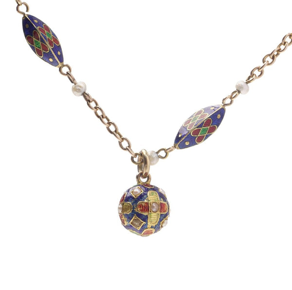 Antique 15 Carat Yellow Gold Enamel And Pearl Bracelet With Orb Pendant