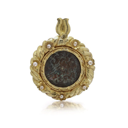 18 Carat Gold Pendant With Ptolemaic Bronze Coin And Cultured Pearls