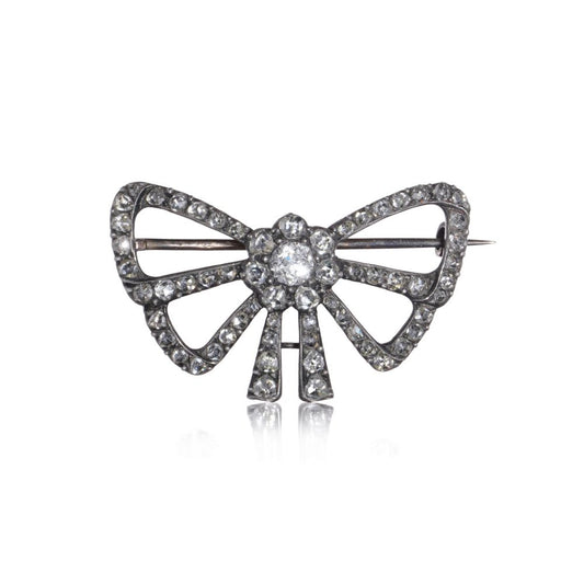 Antique Silver And 18 Carat Yellow Gold Old Cut Diamond Bow Brooch