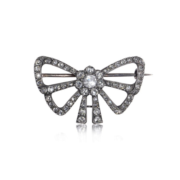 Antique Silver And 18 Carat Yellow Gold Old Cut Diamond Bow Brooch