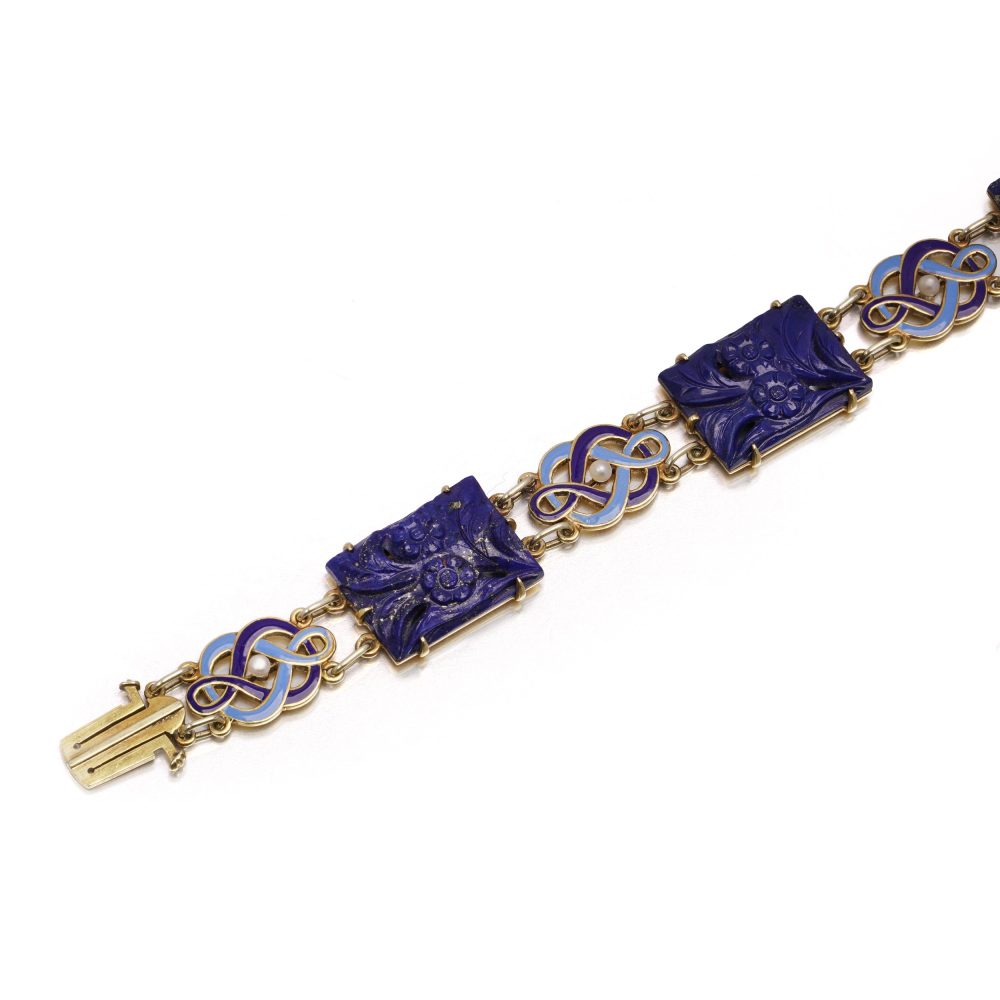 Cartier Art Deco Lapis, Enamel And Seed Pearl Bracelet In 14 Carat Yellow Gold